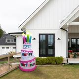 The Party Aisle™ 6-Ft. Tall Happy Birthday Cake w/ 4 Faux Candles, Blow Up Inflatable w/ Lights, White/Pink in Pink/White/Yellow | Wayfair