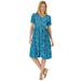 Plus Size Women's Woven Button Front Crinkle Dress by Woman Within in Deep Teal Leaves (Size 2X)