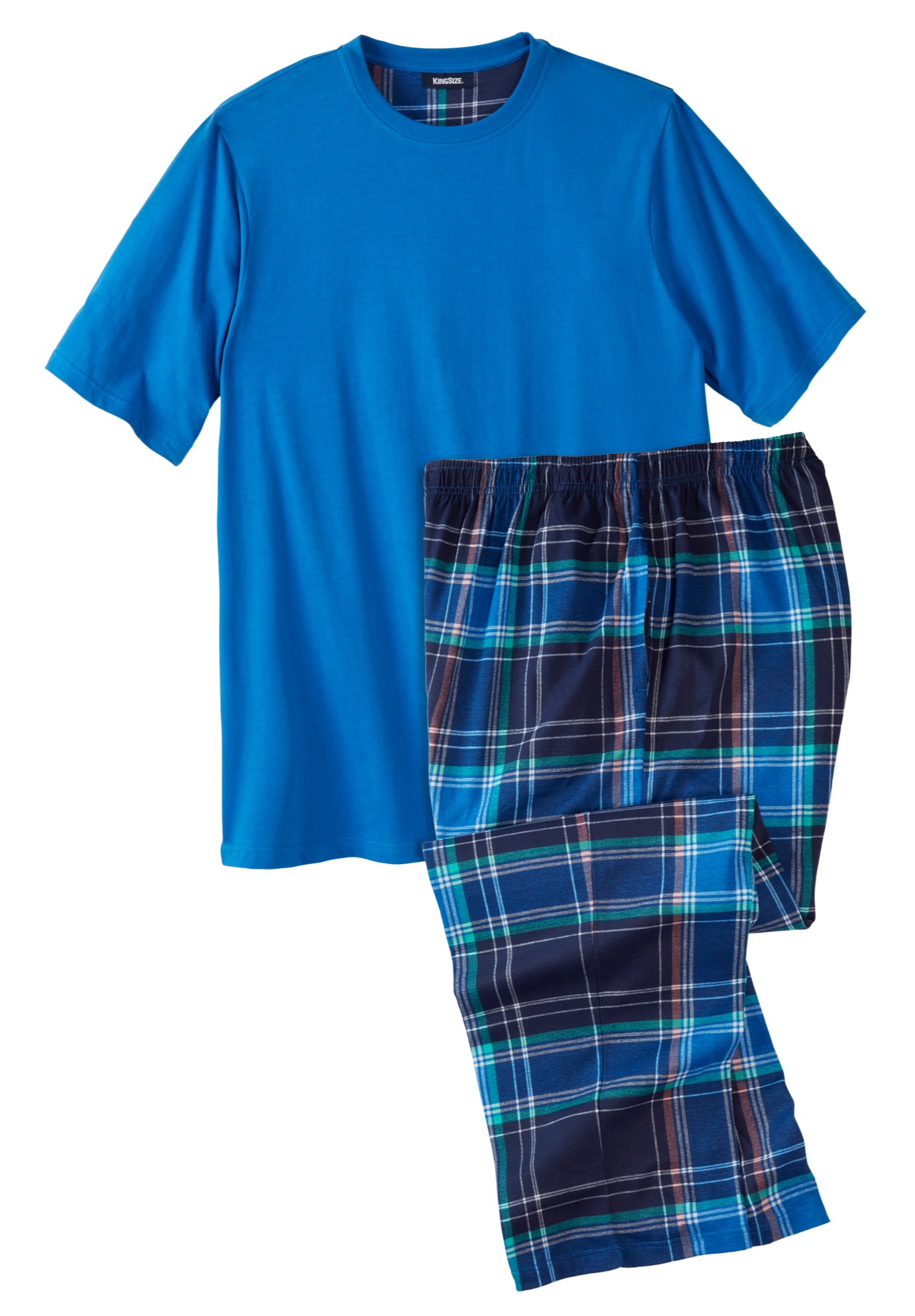 Men's Big & Tall Jersey Knit Plaid Pajama Set by KingSize in Blue Plaid (Size L) Pajamas