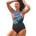 Plus Size Women's Chlorine Resistant High Neck Tummy Control One Piece Swimsuit by Swimsuits For All in Multi Floral (Size 24)