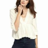 Free People Tops | Free People Slightly Cropped Linen 3/4 V Neck Boho Top | Color: Cream/White | Size: Xs