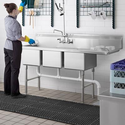 Regency 72 1/2" 16 Gauge Stainless Steel Three Compartment Commercial Sink with Stainless Steel Legs, Cross Bracing, and 1 Drainboard - 16" x 20" x 12" Bowls - Right Drainboard