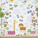 East Urban Home Cartoon Fabric By The Yard, Floral Background w/ Funny & Animals Giraffe Lion Monkeys & Butterflies in White | 36 W in | Wayfair