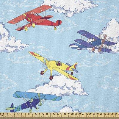 East Urban Home Vintage Airplane By The Yard, Colorful Sketch Style Propeller Airplanes Vacation Transportation Theme in White | 36 W in | Wayfair