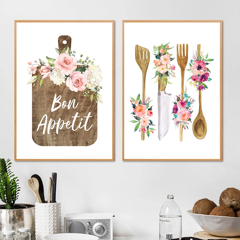Bon français appétit Art impression cuisine décoration murale pendaison de crémaillère cadeau ustensiles de cuisine mur Art photos salle à manger toile peinture