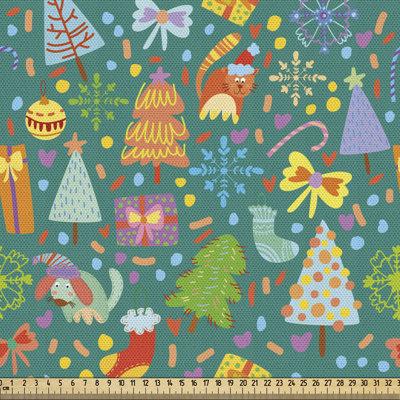 East Urban Home Ambesonne Christmas Fabric By The Yard, Colorful Doodle Elements Cheerful Layout Kittens Trees & Ornaments in White, Size 36.0 W in