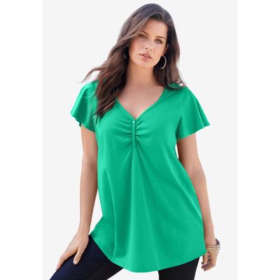 Plus Size Women's Plus Size Cotton Ultimate Flutter Sleeve Sweetheart Tee by Roaman's in Tropical Emerald (Size 12) Long T-Shirt Top