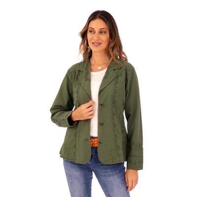 Andean Fields,'Embroidered Laurel Green Cotton Blazer Jacket from Peru'