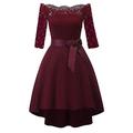Molly Moda Women's Lace Bodice Bardot Dip Hem Vintage Midi Party Cocktail Dress 3/4 Sleeve Off Shoulder Scallop Evening Outfit Occasion Wear 10 M Wine Red