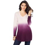 Plus Size Women's Fine Gauge Ombré Sweater by Roaman's in Dark Berry (Size L) V-Neck Pullover