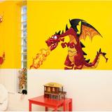 Zoomie Kids Firing Baby Dragon Decal, Firing Baby Dragon Sticker, Nursery Firing Baby Dragon Vinyl in Orange/Red/Gray | 46 H x 97 W in | Wayfair