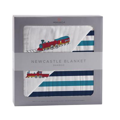 Vintage Steam Trains and Blue Stripe Bamboo Muslin Newcastle Blanket - Newcastle Classics 3011