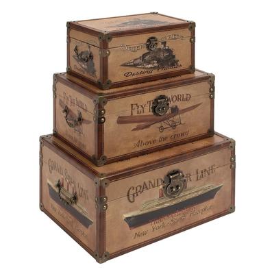 Juniper + Ivory Set of 3 17 In., 15 In., 12 In. Vintage Trunk Brown Wood - Juniper + Ivory 62230