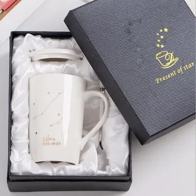 Tasses en céramique créatives avec couvercle cuillère porcelaine blanche lait du zodiaque tasse à