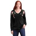 Plus Size Women's Washed Thermal V-Neck Tee by Woman Within in Black Flower Embroidery (Size 22/24) Shirt