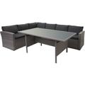 Poly-Rattan-Garnitur HHG 471, Gartengarnitur Sitzgruppe Lounge-Esstisch-Set Sofa grau, Kissen grau