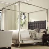 Mercury Row® Pettaway Tufted Low Profile Canopy Bed Metal & Upholstered/Linen in White/Black | 83 H in | Wayfair C77F38E0E8B440A4B0A71765CB11A4D9