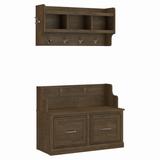 "kathy ireland® Home by Bush Furniture Woodland 40W Entryway Bench with Doors and Wall Mounted Coat Rack in Ash Brown - Bush Furniture WDL009ABR "