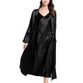 YAOMEI Women’s Nightdress & Dressing Gown Pyjamas Set Satin Full Length, Two-Piece Silky Long Sleeves Lace Kimono Robe Nighties Set Sleepwear Nightwear Lingerie Robes Chemise (L, Black)