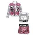 Doomiva Kids Girls Cheer Leader Fitness School Uniform Cheerleading Sequins Jacket with Tank Tops Shorts Jazz Hip-Hop Dancewear Silver&Pink 6 Years