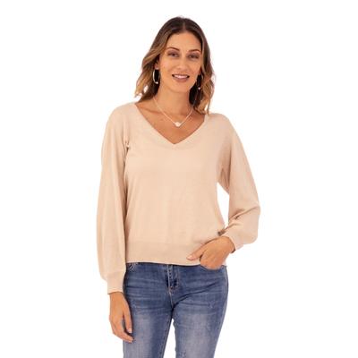 Champagne Spring,'Knit Cotton Blend Pullover in Beige from Peru'