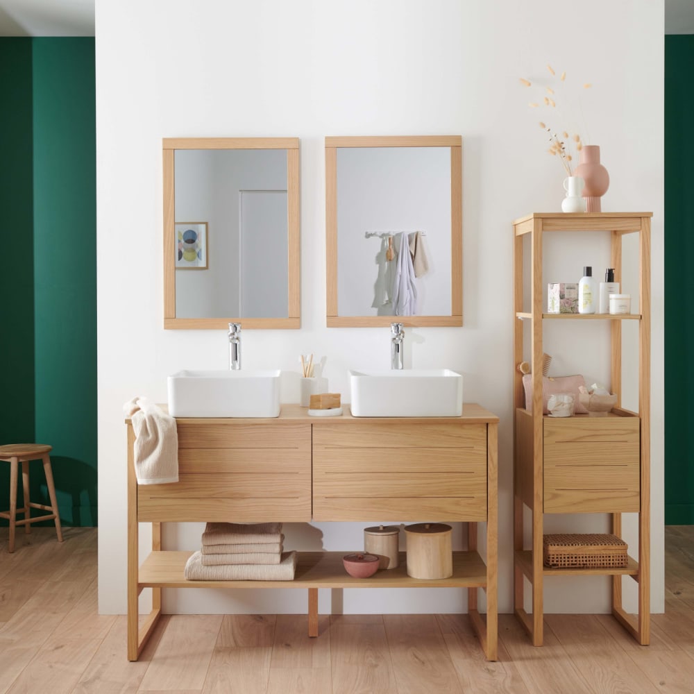 Meuble sous vasque plaqué chêne naturel 120cm+vasque+miroir carré+co