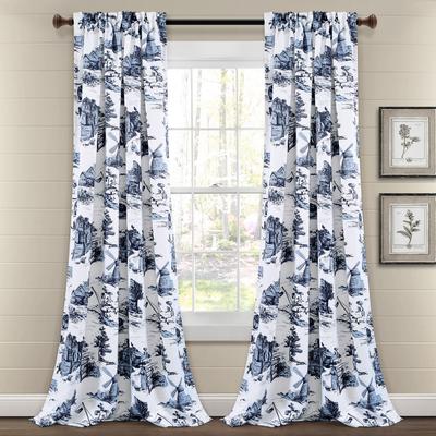French Country Toile Room Darkening Window Curtain Panels White/Blue 52X84+2 Set - Half Moon 16T005415