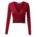 MSBASIC Women’s Long Sleeve Crop Top Deep V Neck Slim Fit Cross Wrap Shirts Crop Tops Shirt Red Large