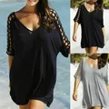 Robe de plage Sexy pour femmes vêtements de plage Kaftan T-Shirt chemisier Mini robe