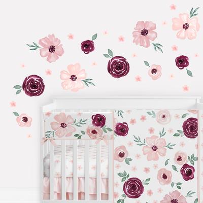 Burgundy Pink Watercolor Floral Wall Decal Stickers Nursery Decor (Set of 4) - Blush Maroon Rose Shabby Chic Flower Farmhouse