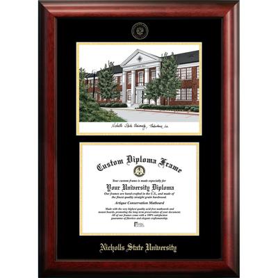 Nicholls State University 11w x 8.5h Gold Embossed Diploma Frame with Campus Images Lithograph