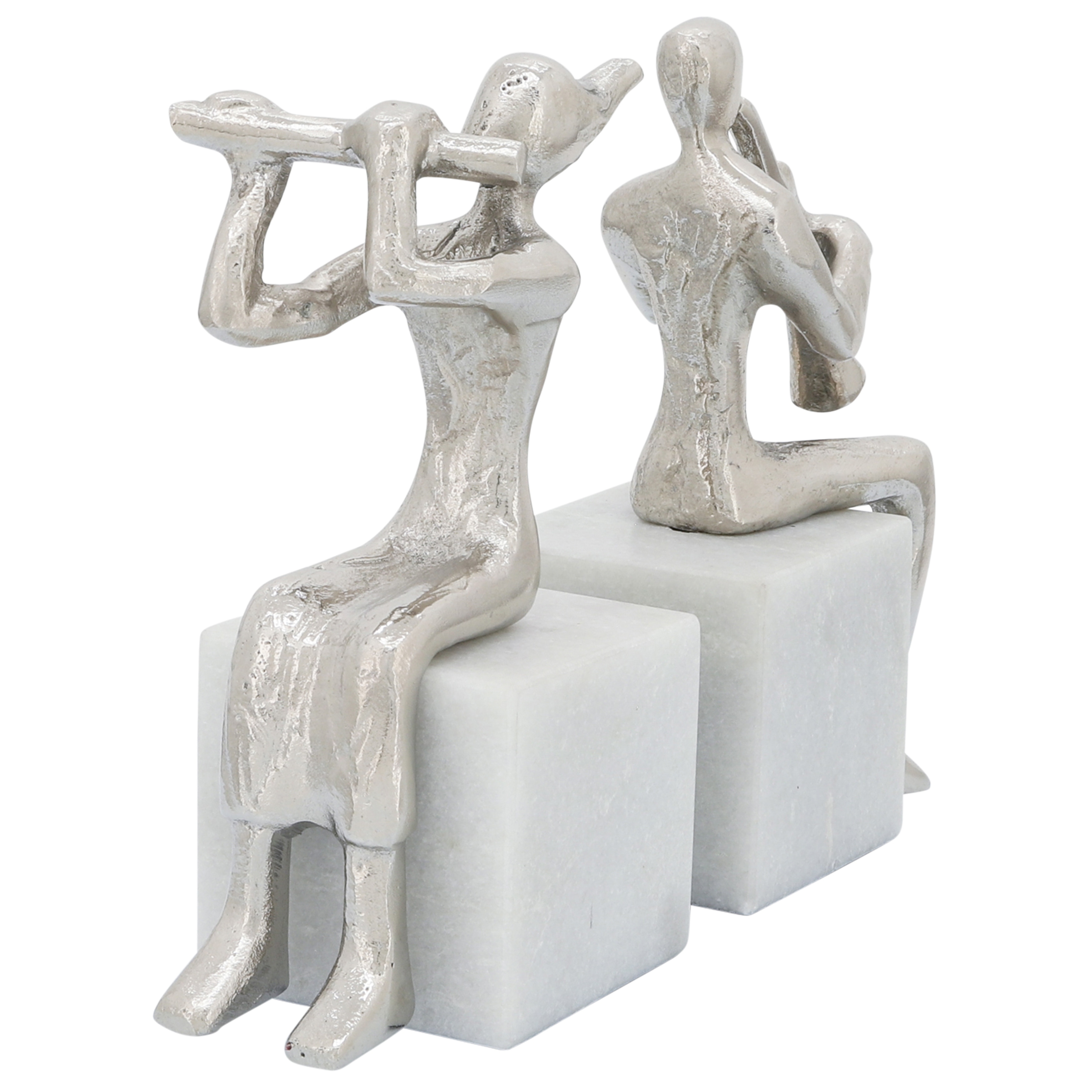 Set of 2 Metal Musician Bookends Contemporary Marble and Aluminum Silver Decorative Bookend Sculptures Music Lover