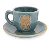 Handmade Blue Thai Elephant Celadon Ceramic Cup And Saucer (Thailand) - 3" H x 4.6" W x 3.2" D