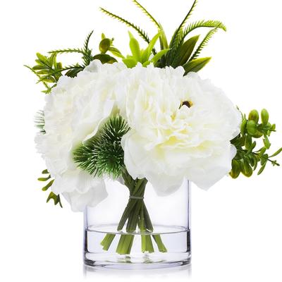Enova Home 3 Large Artificial Silk Peony Fake Flowers with Mixed Greenery in Clear Glass Vase for Home Wedding Decoration