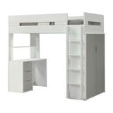 Wooden Twin Size Loft Bunk Bed with Workstation, White and Gray