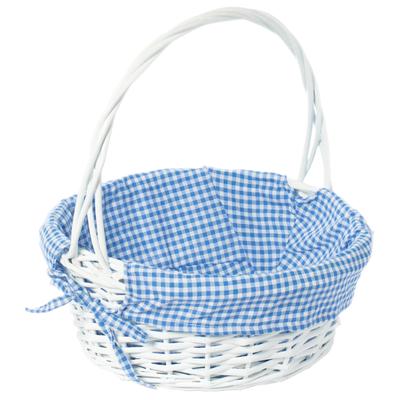 White Round Willow Gift Basket, with Gingham Liner and Handle