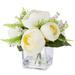 Enova Home Mixed Artificial Silk Peony Fake Flowers in Cube Glass Vase with Faux Water for Home Office Decoration