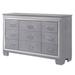 64 Inch 9 Drawer Dresser, Textured, Beveled Mirror Insert, Silver