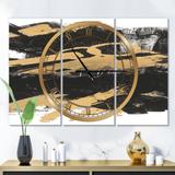 Designart 'Gold and Black drift IV' Glam 3 Panels Oversized Wall CLock - 36 in. wide x 28 in. high - 3 panels