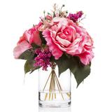 Enova Home Artificial Mixed Silk Roses Fake Flowers Arrangement in Clear Glass Vase with Faux Water for Home Wedding Decoration