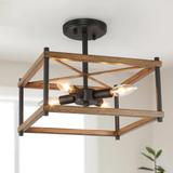 Modern Farmhouse 4-Light Semi-Flush Mount Cage Wood Grain Ceiling Lights - L12.5"x W12.5"x H12"