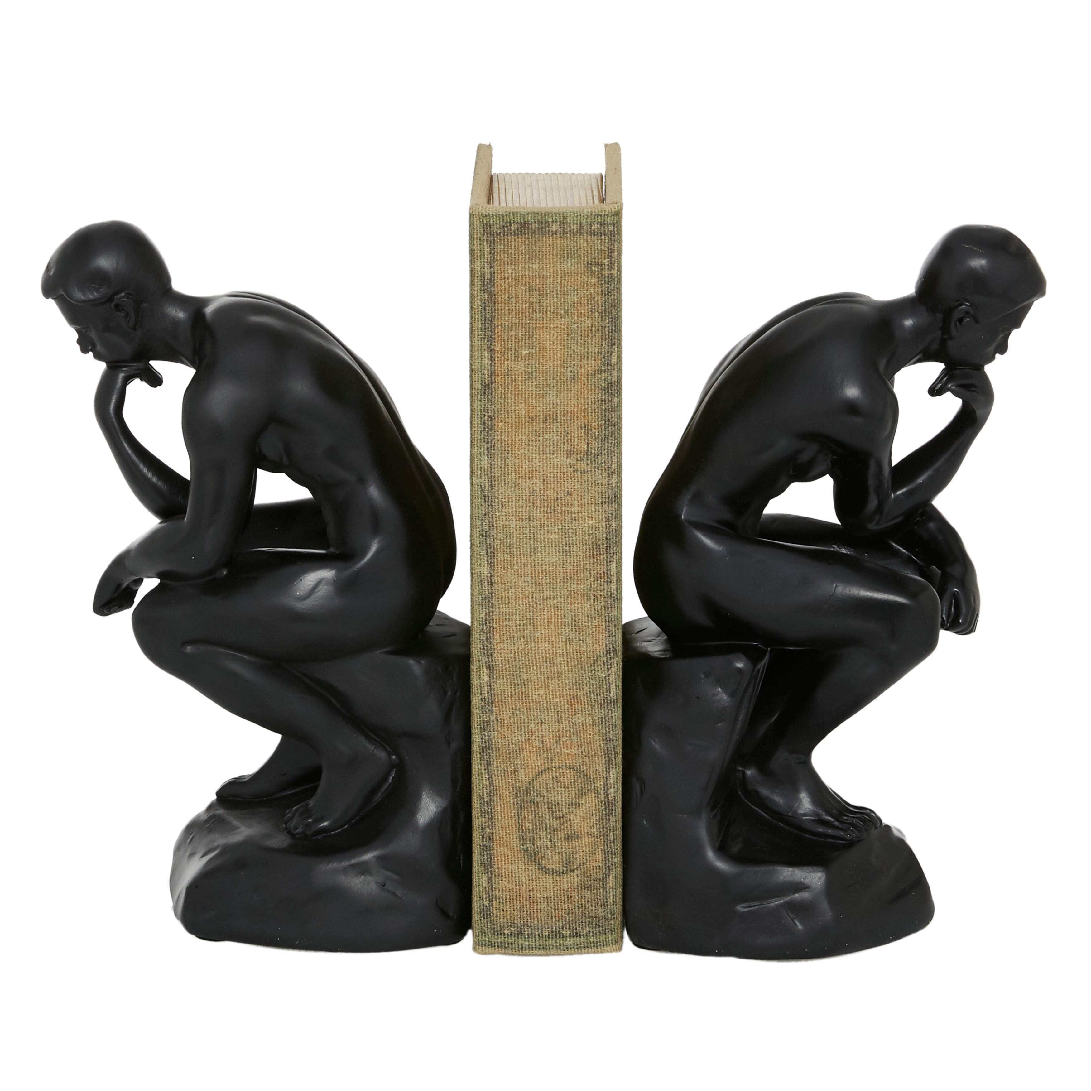 Black Polystone The Thinker People Decorative Bookends (Set of 2)