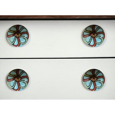 Bohemian Floral Turquoise Handprinted Set of 8 Ceramic Knobs