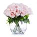 Enova Home Artificial 18 Heads Silk Roses Fake Flowers Arrangement in Clear Glass Vase with Faux Water for Home Wedding Decor