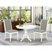 East West Furniture 3 Piece Dining Room Furniture Set- a Round Dining Table and 2 Linen Fabric Chairs, (Finish Options)