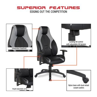 Commander Gaming Chair in Black Faux Leather and Grey Accents