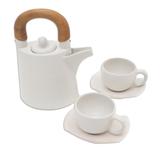 NOVICA Ceramic and teakwood tea set, 'Midday Cup' (5 pcs) - 4.3" D