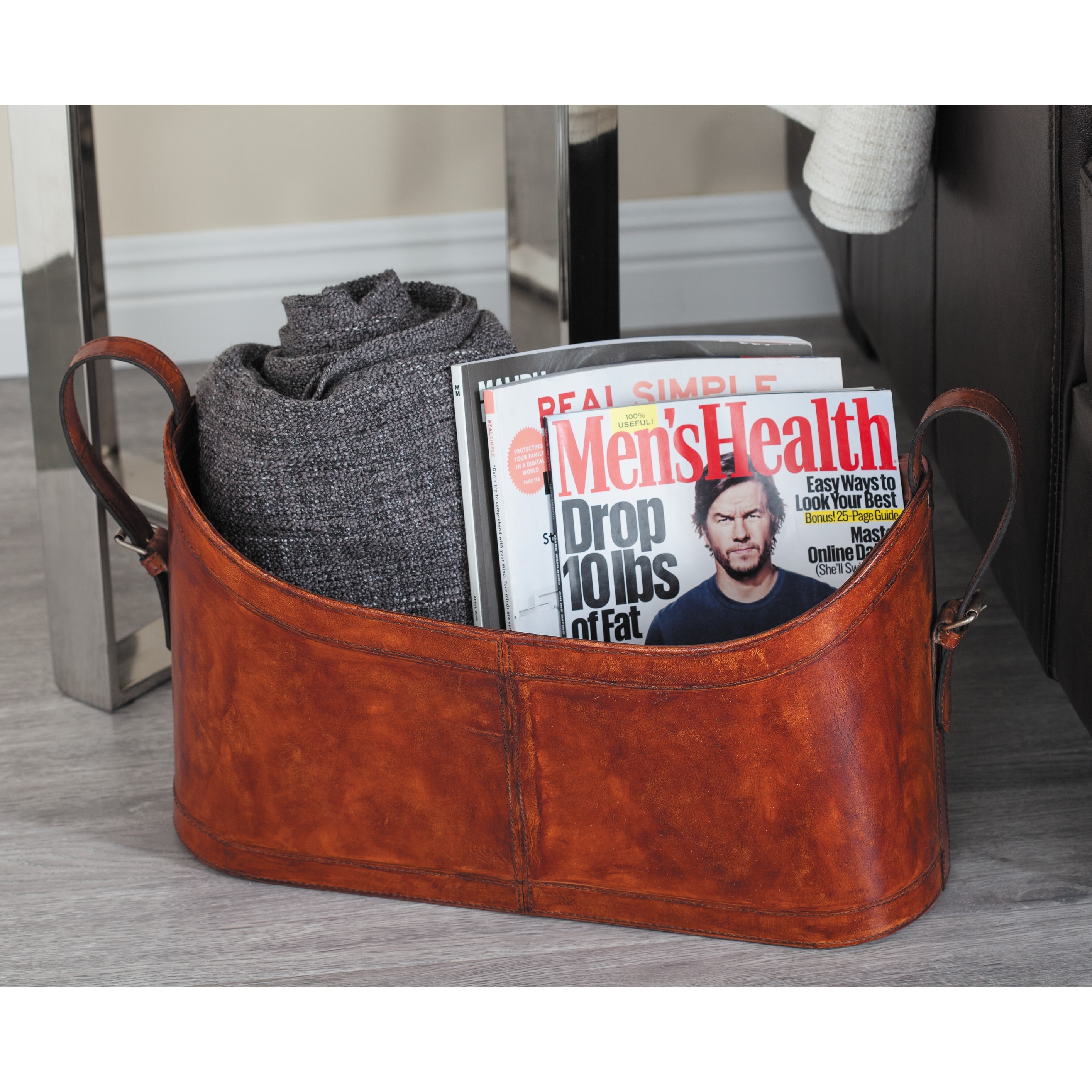 Brown Leather Handmade Box Style Single Slot Magazine Holder with Detail Stitching and Curved Handles