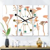 Designart 'Retro Handdrawn Flowers I' Oversized Mid-Century wall clock - 3 Panels - 36 in. wide x 28 in. high - 3 Panels