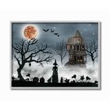 Stupell Halloween Witch Silhouette in Full Moon Haunted House Scene Grey Framed, 16 x 20, Proudly Made in USA